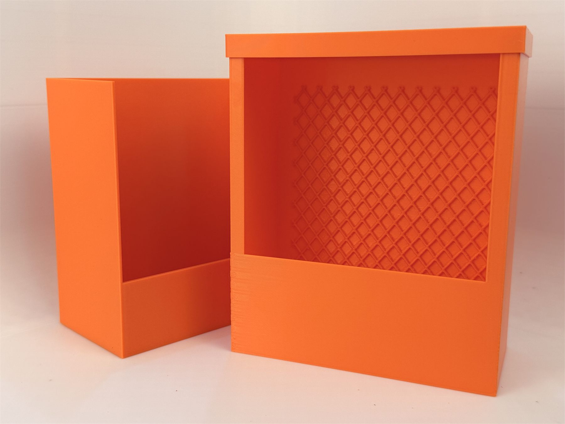Orange PETG chameleon feeder system with wall mount and lift-out feeder box