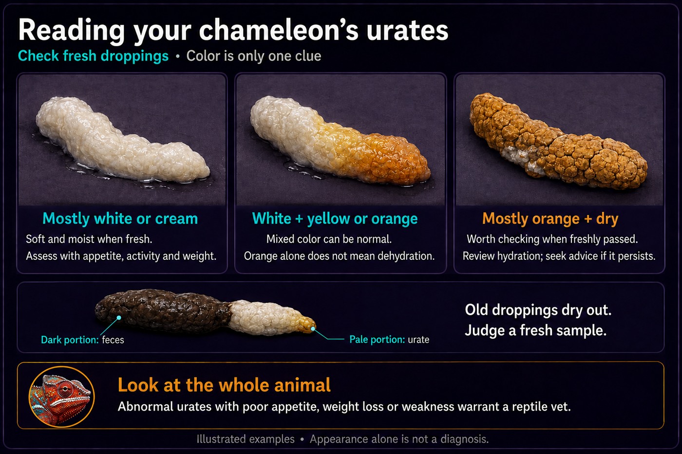 Reference photographs of chameleon droppings, subtitled: check fresh droppings, color is only one clue. Three examples. Mostly white or cream, soft and moist when fresh, to be assessed alongside appetite, activity and weight. White with yellow or orange, where mixed color can be normal and orange alone does not mean dehydration. Mostly orange and dry, worth checking when freshly passed, review hydration and seek advice if it persists. A fourth photograph labels the dark portion of a dropping as feces and the pale portion as urate, noting that old droppings dry out so a fresh sample should be judged. A footer reads: look at the whole animal, abnormal urates with poor appetite, weight loss or weakness warrant a reptile vet, and appearance alone is not a diagnosis.